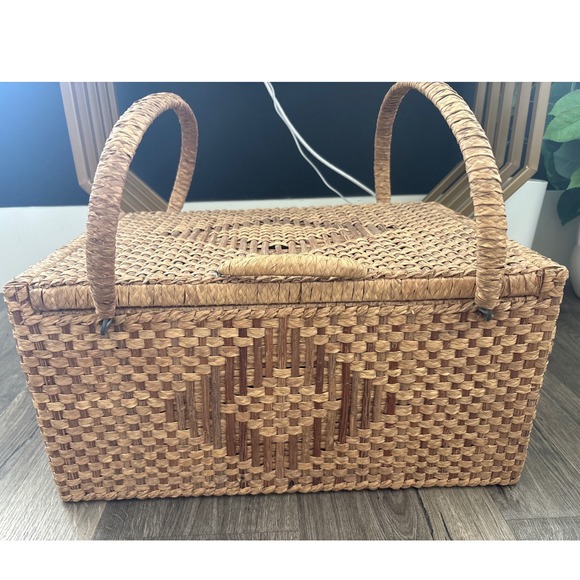 Unbranded Other - Vintage Mid Century Woven Wicker Picnic Basket Storage Trunk Boho Rattan